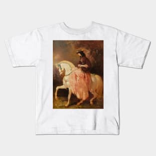 Amazone au petit canotier, veste rouge, jupe rose, une cravache sur un cheval gris aux rubans bleus by Alfred de Dreux Kids T-Shirt